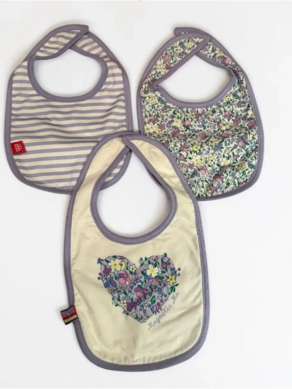 Magnetic Me Lavender Trim Floral Heart Baby Bib - 3 Pack